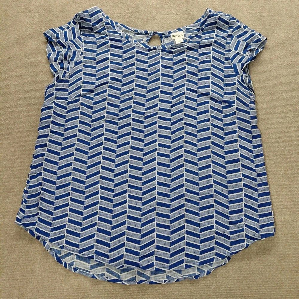 Stylus Blue White Geomtric Short Sleeve Blouse Keyhole Women's XL Coastal Beach - Picture 1 of 10